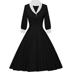 Vintage Women's Dress Rayon Spandex V-Neck 3/4 Sleeves Swing Pockets